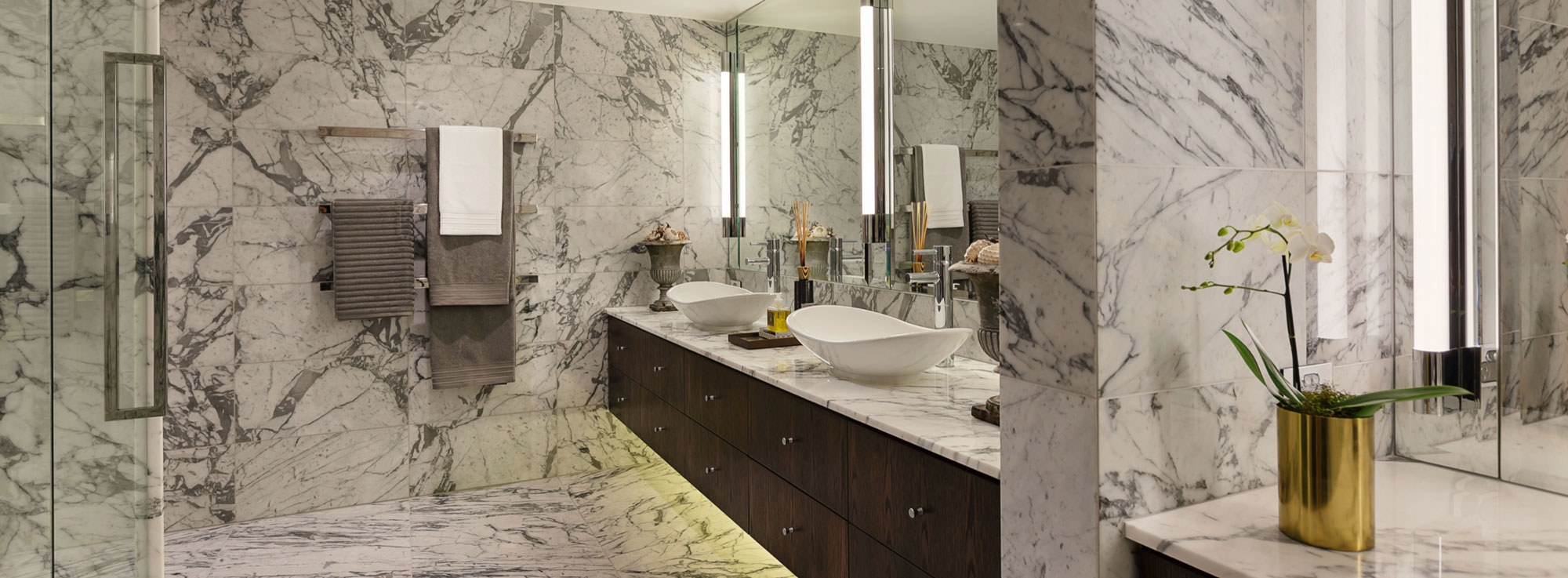 Master Ensuite with Floor to Ceiling Carrara Marble Bathroom & Double Vanities | Point Residence Luxury Auckland Waterfront Apartment