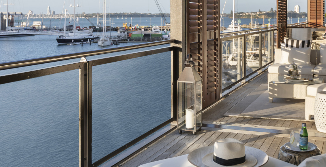 Outdoor Terrace Alfresco Living Room with Viaduct Harbour Views | Point Residence Luxury Auckland Waterfront Accommodation